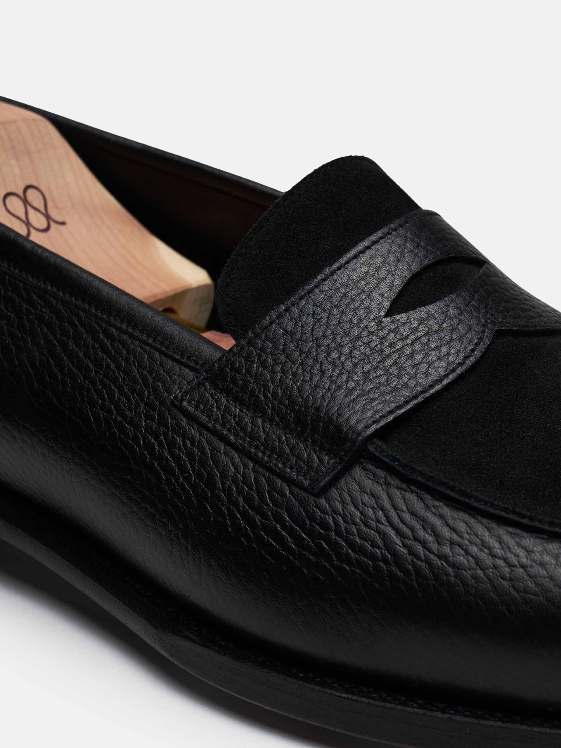 The Penny Loafer - Light Wear and Tear Black Grain & Black Suede 2