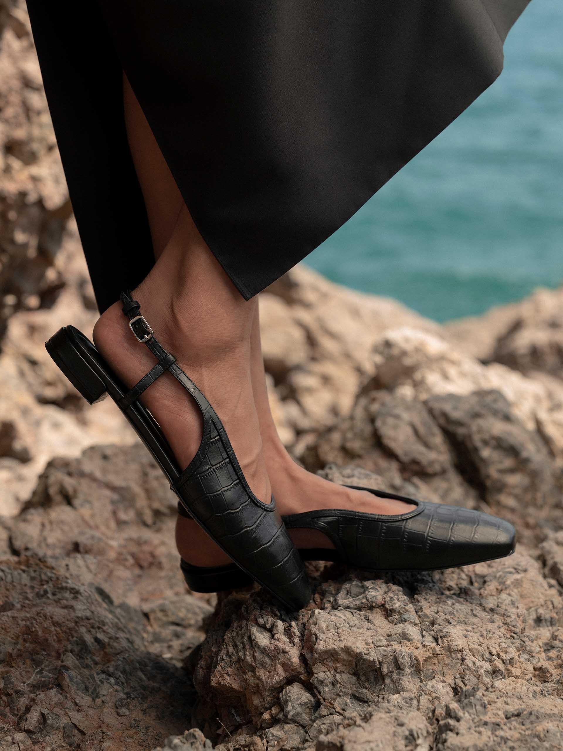 The Flat Slingback Black Embossed 2
